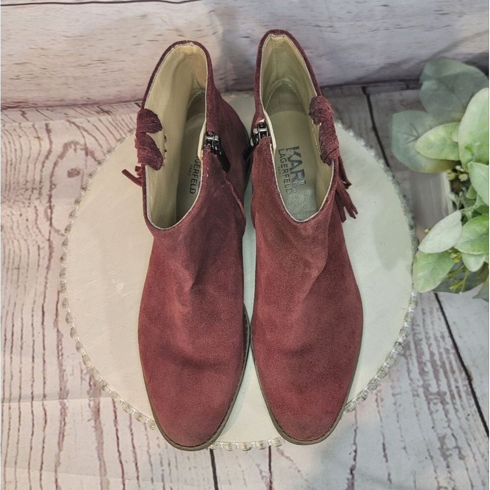 Karl Lagerfeld Paris Sixte Women's Burgundy Suede Ankle Boots Size 6.5M - Picture 2 of 15